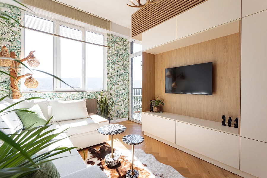 קיר טלוויזיה בנגרות אישית הכולל יחידות אחסון